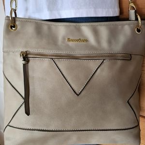 Franco Sarto Off White/Beige Leather Shoulder Bag, Gold Accents.